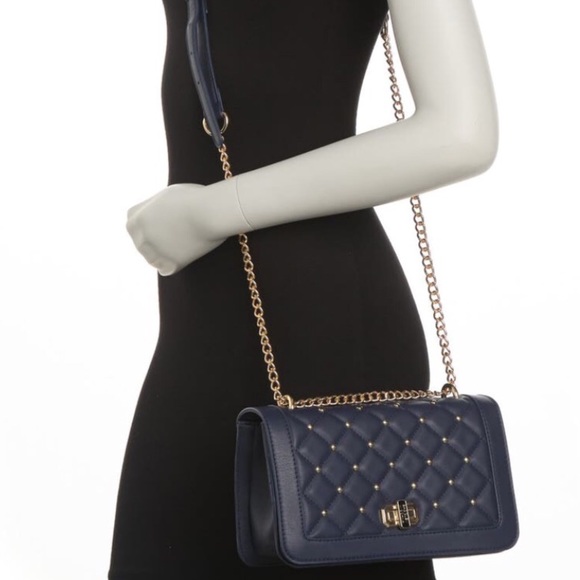 Badgley Mischka black bag cross body chain handle quilted gold studs small bag - Picture 2 of 9